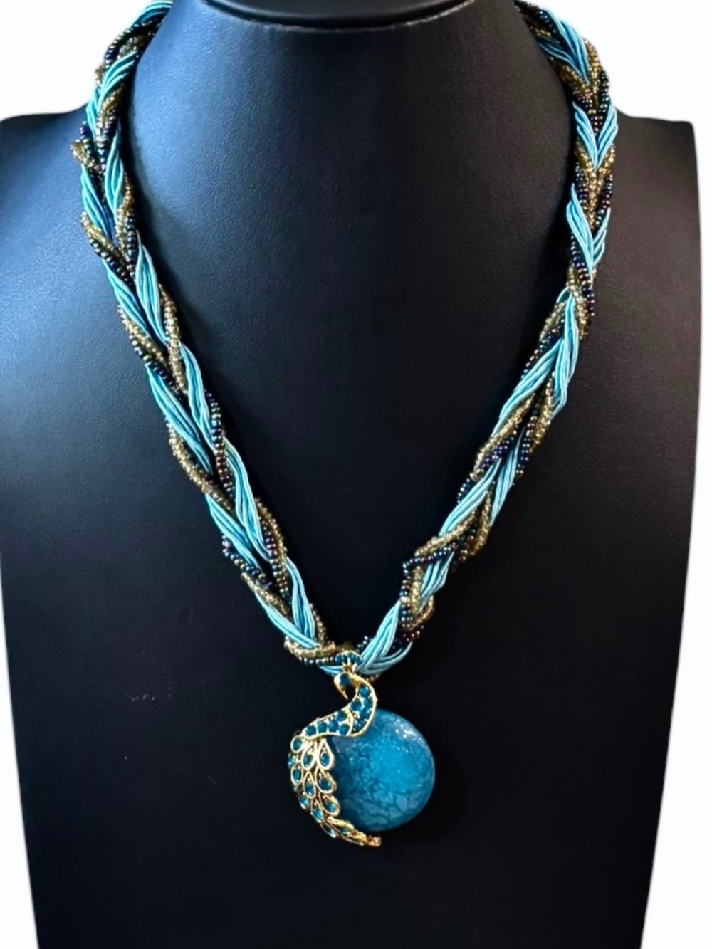 Womens Blue Beaded Glass Pendant Necklace